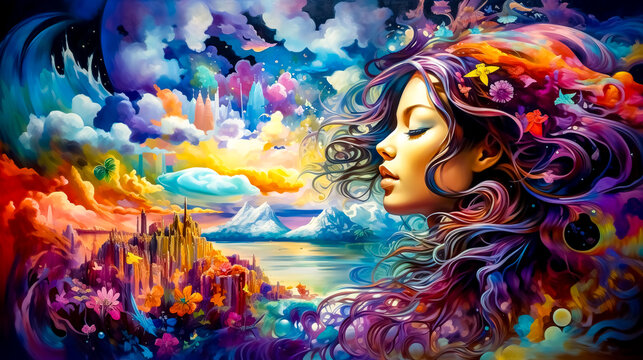abstract colorful world of a dream and the illusion of a young woman, fantastic creative ideas