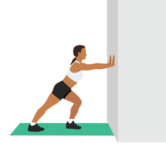 Woman doing straight leg calf stretch exercise. Flat vector illustration isolated on white background © lioputra