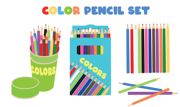 Color pencil vector set. Back to school concept. School supplies vector. Flat vector isolated on white background.  Crayon. Loosely arranged. Learning and education concept. Mess, Bulk, Box.