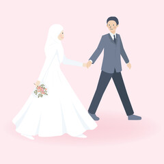 Cute Muslim Couple in wedding dress and wedding suits attire walking together and holding hand, Islamic walima nikah invitation card