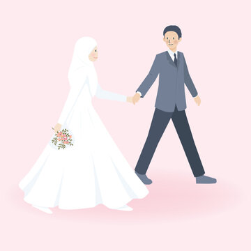 Cute Muslim Couple in wedding dress and wedding suits attire walking together and holding hand, Islamic walima nikah invitation card