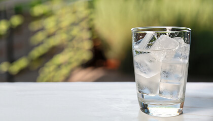 Glass of refreshing soda water with ice cubes on white table outdoors, space for text
