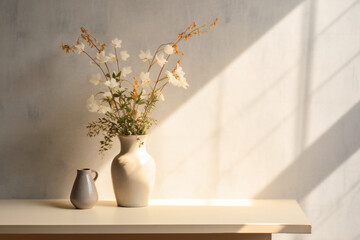 Fototapeta na wymiar Vase with beautiful flowers on table near light wall, Interior design