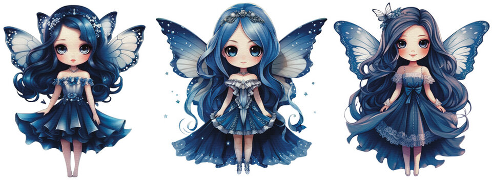  Set of portraits a beautiful Butterfly Blue fairy cute girl, Isolate on transparent background