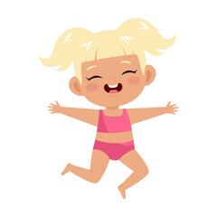 Cute girl in pink swimwear vector illustration. Adorable kid isolated on white background. Fashion, childhood, vacation, summer holidays concept