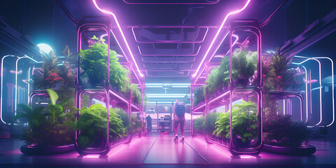 Cyberpunk neon industrial loft interior illustration