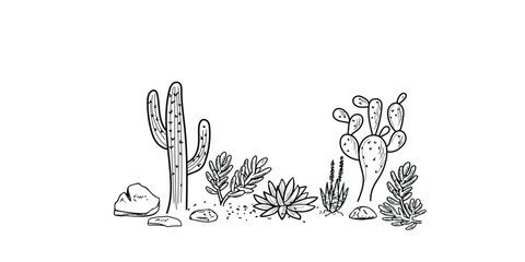 Fototapeta premium Hand drawn with succulents and cactus desert plants, on white background.