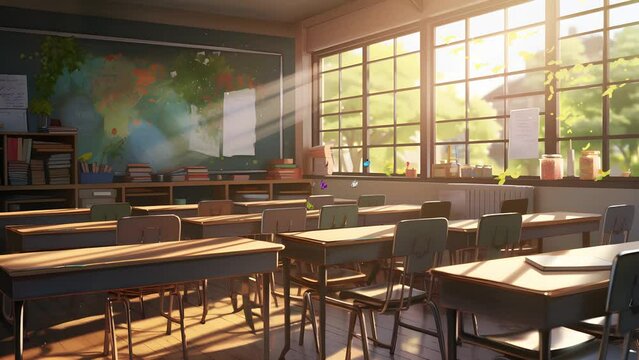 empty classroom with neat desks and chairs and sunlight. Cartoon or anime watercolor painting illustration style. seamless looping 4K virtual video animation background.