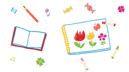 お絵かき帳とクレヨン、ノートと鉛筆、ベクターイラスト