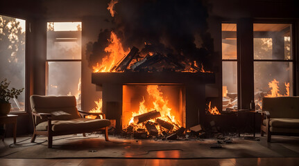 夜にリビングが炎に包まれる、住宅火災｜Living room is engulfed in flames at night. House fire. Generative AI