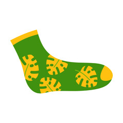 Green sock with leaf pattern vector illustration. Cartoon drawing of colorful sock for children and adults isolated on white background. Fashion, accessory, clothes concept