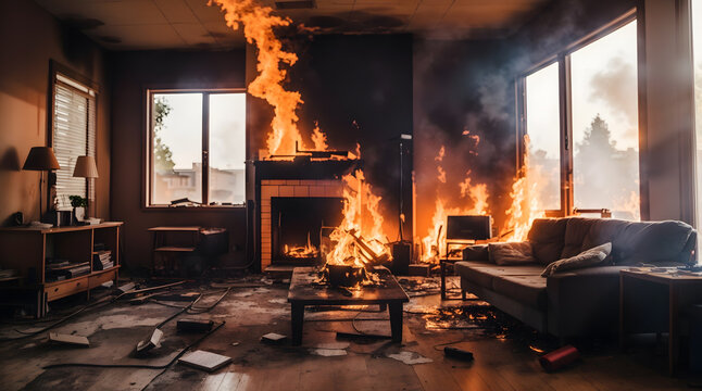 夜にリビングが炎に包まれる、住宅火災｜Living room is engulfed in flames at night. House fire. Generative AI