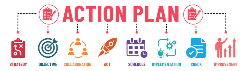 Action plan infographic banner solid icons set. Action, planning, collaboration, strategy, tasks, goal, and analysis. Vector Illustration