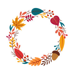 Autumn decorative round frame, template with autumn elements - leaves, twigs, acorn, berries. Vector illustration in Doodle style.