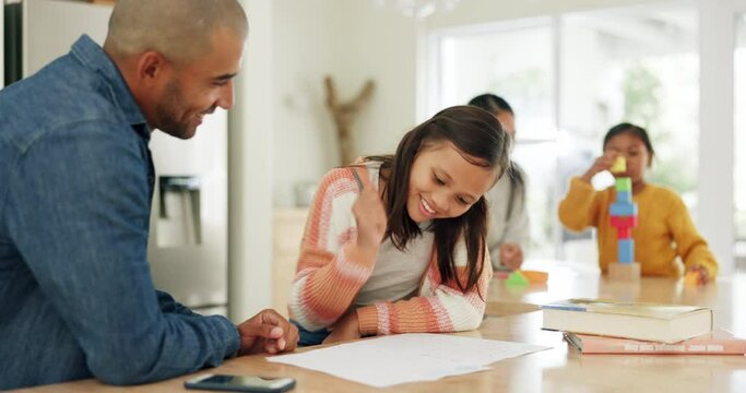 Homework help, dad and child in kitchen with notes for exam, support in learning and education with family home. Teaching, studying for test and homeschool, father with young girl and school work.