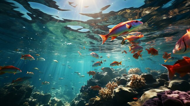 Underwater world with fish and corals. Underwater view of mari fishes and plants. AI generated