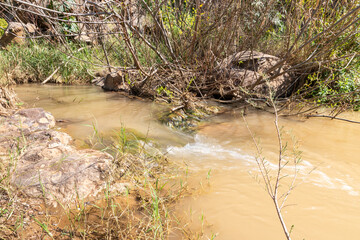 A narrow  but full-flowing and non-drying bed of the Tavor River, in the Galilee, near the Afula city, in northern Israel.