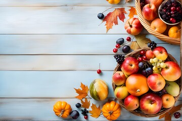 Against a calming blue backdrop, autumn leaves and a brimming fruit basket create a picturesque display - obrazy, fototapety, plakaty