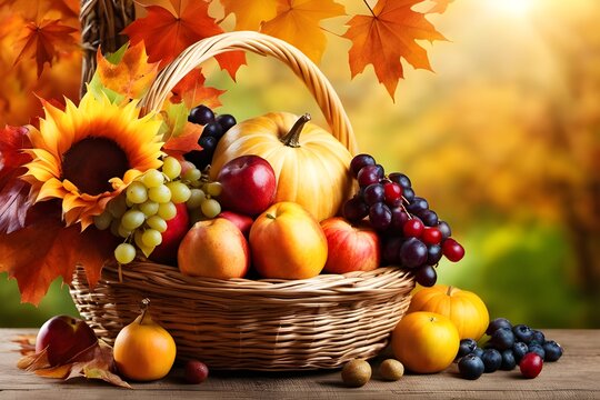 The delicate masterpiece skillfully portrays the season with a lush fruit basket framed by autumn leaves, evoking reflection and gratitude