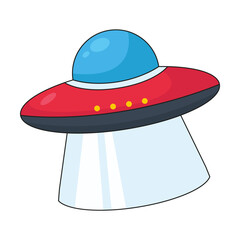 Cute comic UFO space symbol vector illustration. Cartoon drawing of rocket ship, UFO isolated on white background. Space, astronomy, universe, galaxy concept