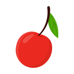 Whole cherry vector illustration. Cartoon drawing of healthy food or red berry with leaf isolated on white background. Organic food, healthy eating concept