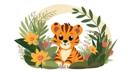 Vector illustration of little tiger baby in flower field.