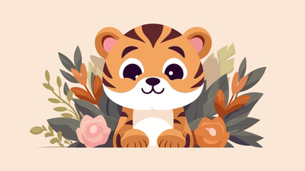 Obraz na płótnie Canvas Vector illustration of little tiger baby in flower field.