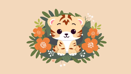 Vector illustration of little tiger baby in flower field.