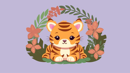 Vector illustration of little tiger baby in flower field.