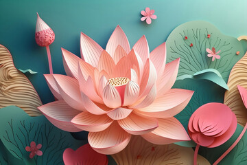 Pink lotus flower in papercraft style. Paper cut style illustration. - obrazy, fototapety, plakaty