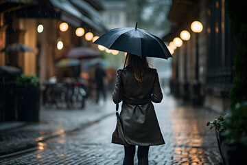 A woman holding an umbrella and walking in the rain