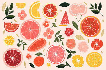 Stylized vector art of citrus fruit on a pink background. Generative AI.