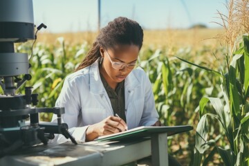 Female scientist engaged in gardening, planting and cultivating plants in field. Concept of botanical research and technology.