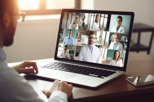 Doctor Conducting Telehealth Video Meetings On Laptop For Remote Medical Consultations. Concept Of Modern Healthcare Communication.