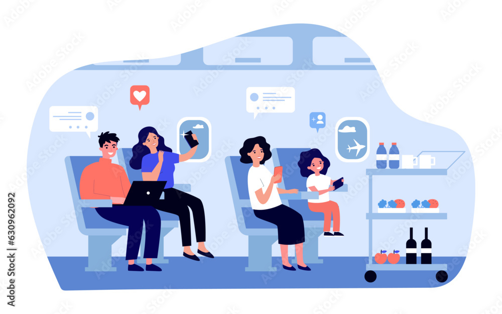 Poster passengers using devices on flight vector illustration. happy people working and playing on smartpho