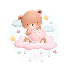 Obraz na płótnie Canvas Watercolor illustration cute teddy bear on cloud with stars