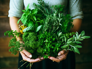 Naklejka na ściany i meble Hands Holding Bright Fresh Green Herbs. Herbal Remedies Concept