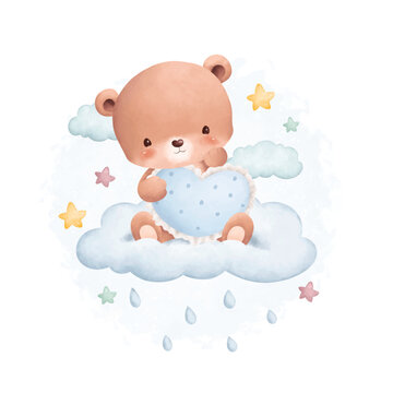 Watercolor illustration cute teddy bear on cloud with stars