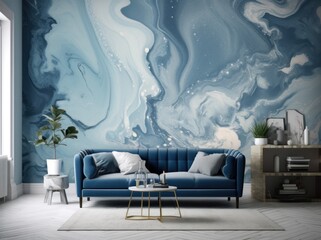 Living room with sofa in blue tones.