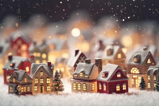 Miniature Christmas village houses. Festive background.