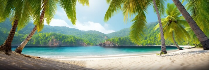 Panoramic banner for web traveling site with beautiful tropical beach scene with palm trees and sandy sea coast. Outdoor nature horizontal background.