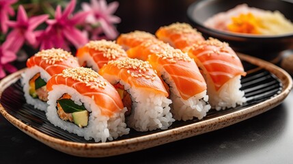 Delicious salmon sushi roll set on plate in restaurant background. Fresh and healthy seafood illustration.