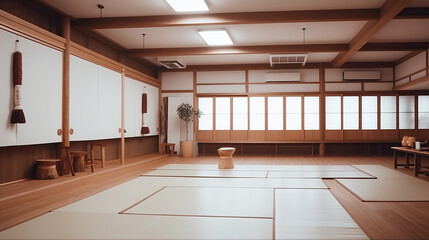 Spacious room for martial arts practicing. Traditional interior for dojo or karate school hall. Indoor background with copy space.