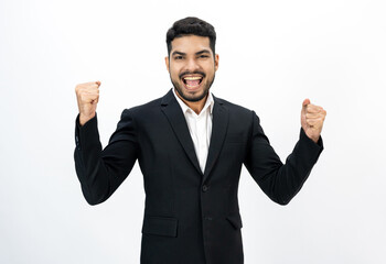 Portrait of Happy Young asian businessman on isolated white background. Handsome businessman in office suit uniform.