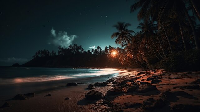 Beautiful beach with palm trees at night. Moon light.