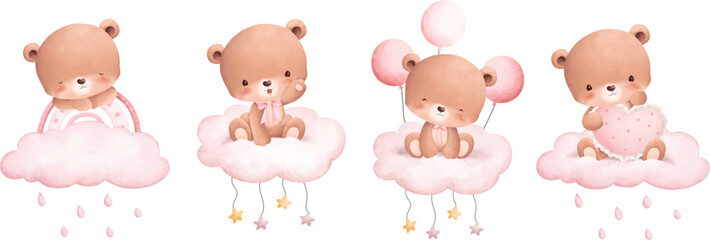 Watercolor illustration set of cute teddy bear on cloud