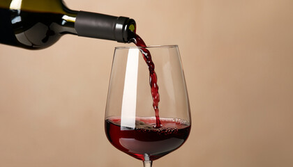 Pouring red wine into glass from bottle against blurred beige background, closeup. Space for text