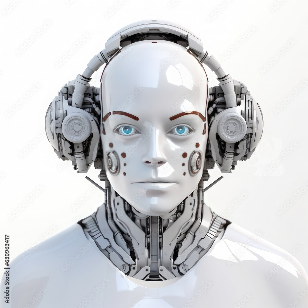 Poster robot head isolated on white background.generative ai