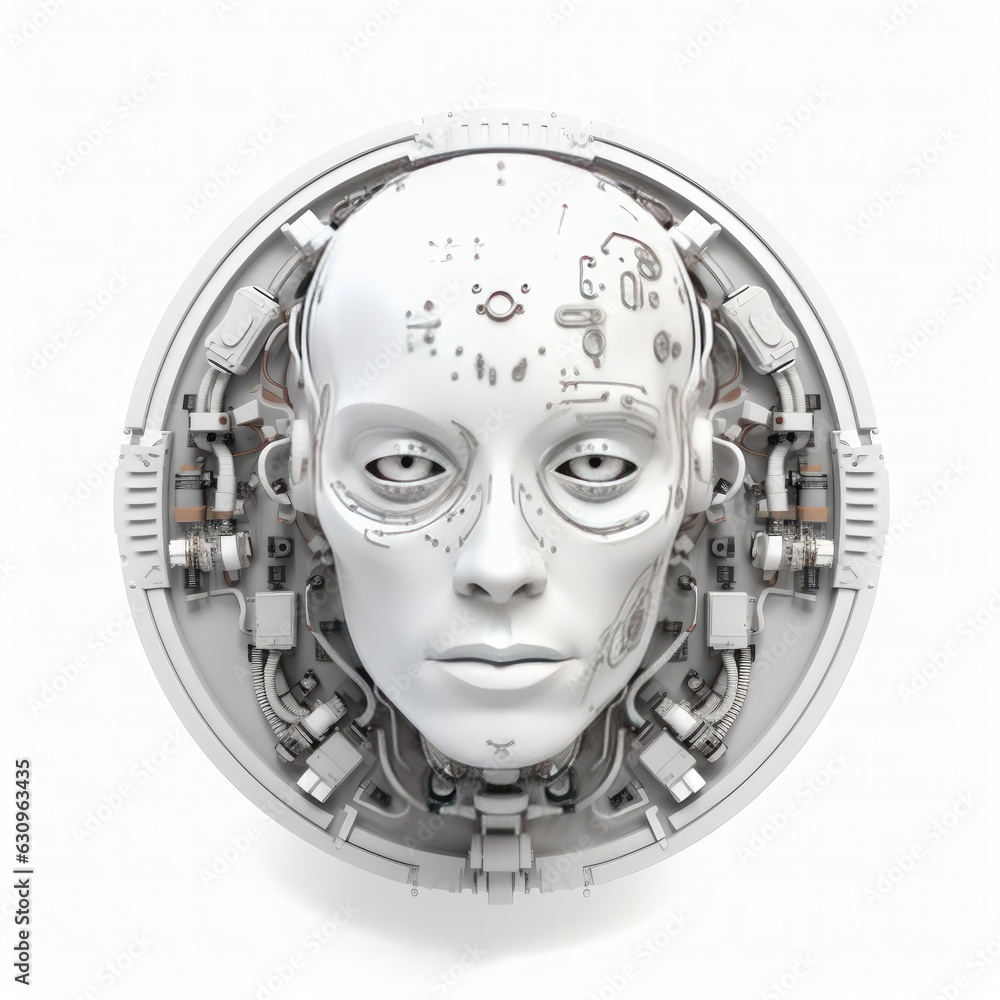 Poster robot head isolated on white background.generative ai