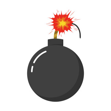 Bomb with burning fuse vector illustration. Cartoon drawing of bomb with spark or fire before explosion on white background. Explosion, weapon, danger, terrorism concept